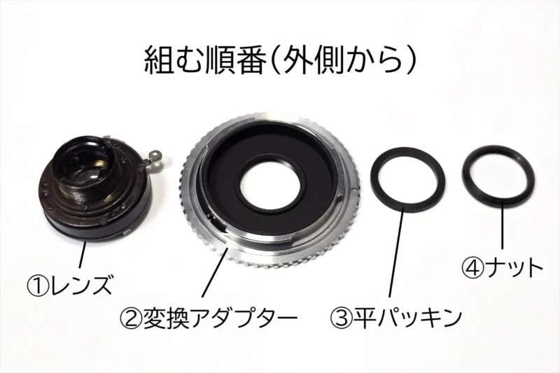 組む順番は外側から、レンズを変換アダプターに通し、裏側に出てきたレンズのネジに、平パッキンをはめる。最後にナットでねじ止めします。